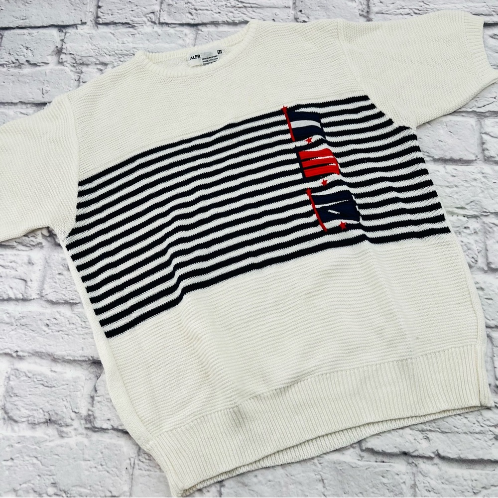 Alfred Dunner Womans Medium White and Navy Blue Striped Nautical Flag Sweater